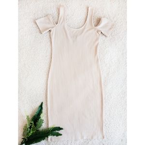 Ivory Ribbed Midi Dress with Shoulder Cutouts